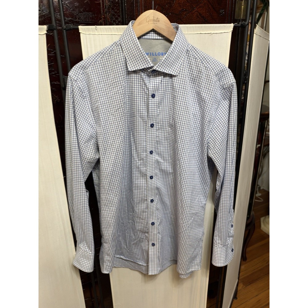 Twillory Performance Men's 16.5 32-33 Tailored Fit Blue White Check Dress Shirt